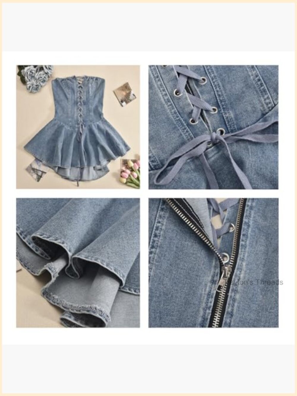 Off Shoulder Lace-Up Denim Mini Dress Sleeveless - Picture 5 of 6